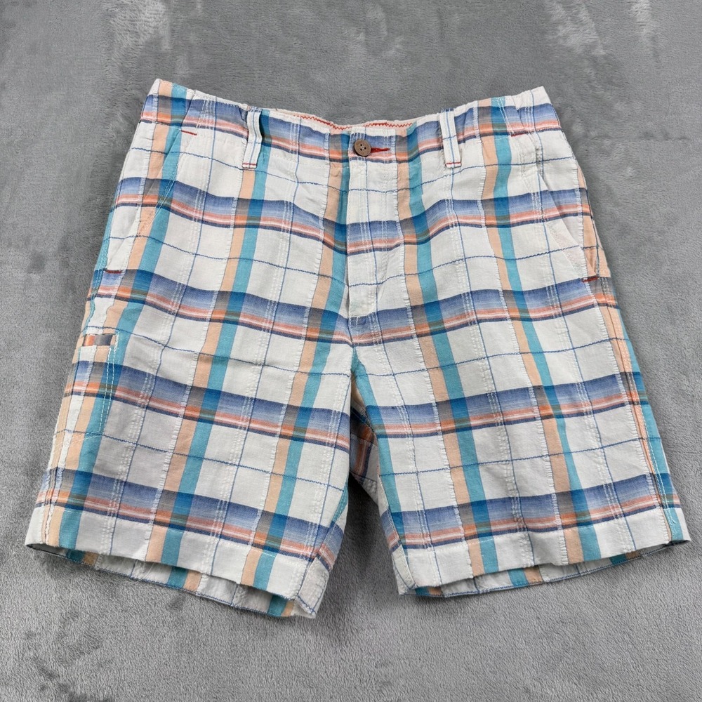 Tommy Bahama Shorts Mens 30 White Blue Plaid RELAX Linen Blend Flat Front Casual
